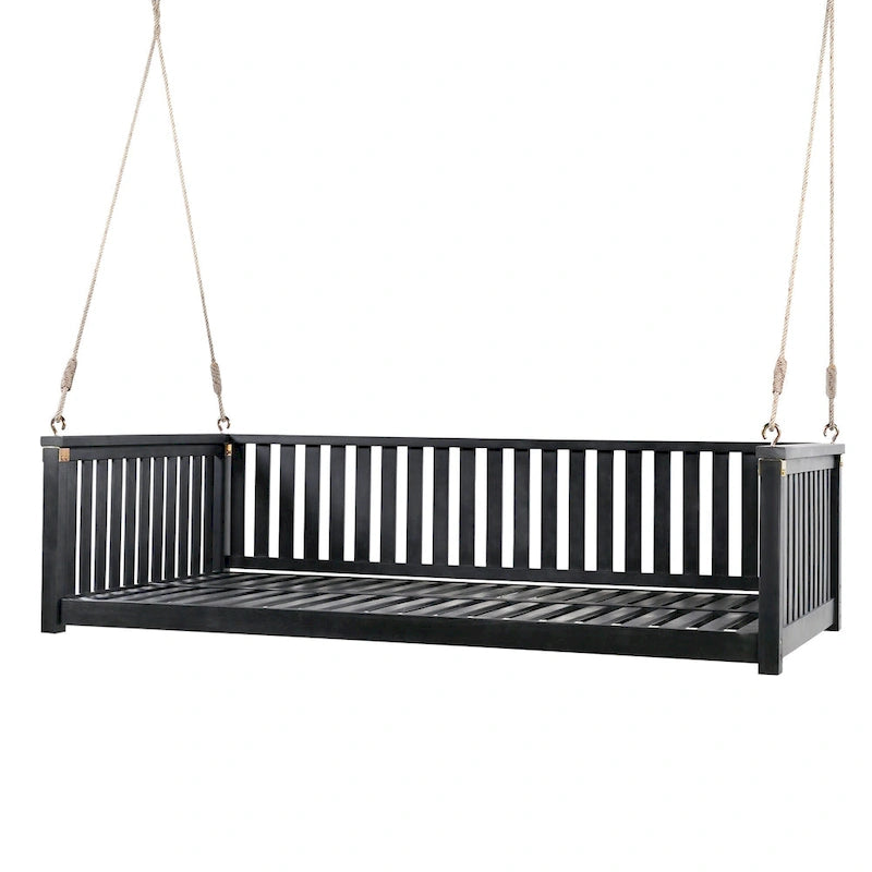 Patio Minimalist Twin Size Garden Swing Bed Wood Porch Swing with Ropes for Backyard, Safe Sloped Design