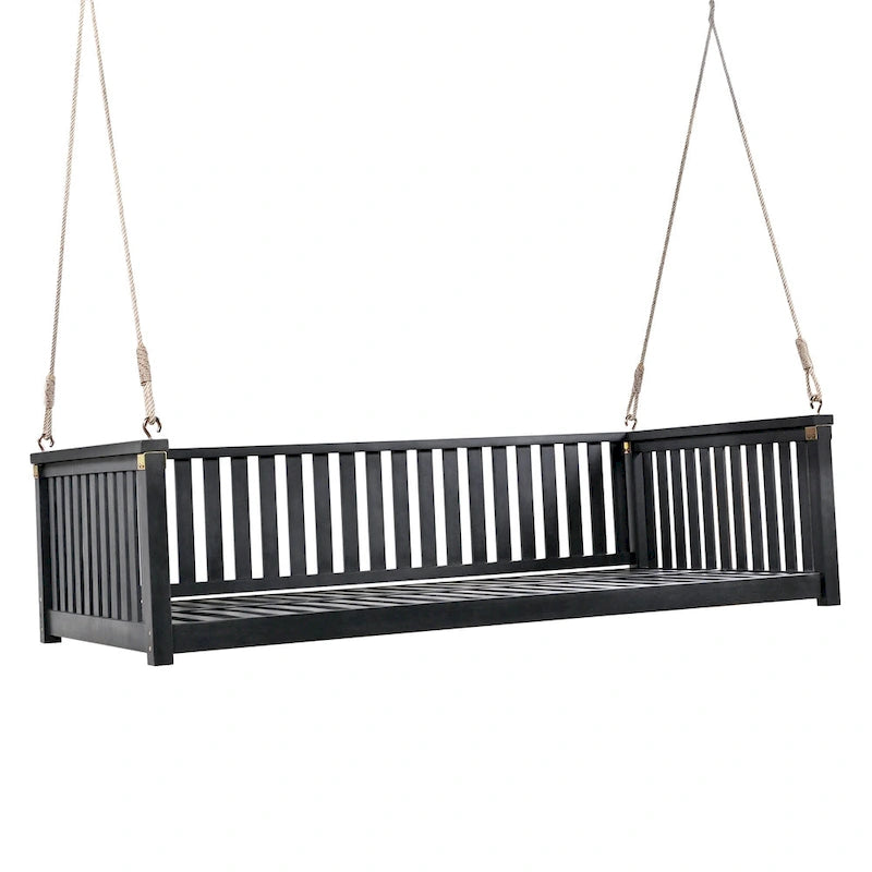 Patio Minimalist Twin Size Garden Swing Bed Wood Porch Swing with Ropes for Backyard, Safe Sloped Design