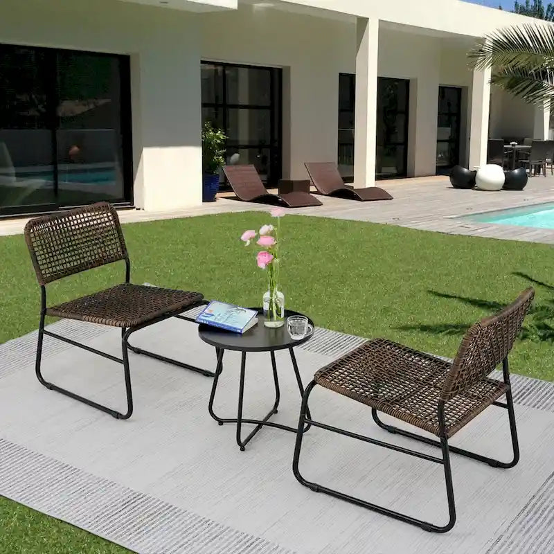 GDFStudio - Outdoor Kyle 3-Piece PE Rattan Patio Furniture Set with Modern Round Table and Steel Frame