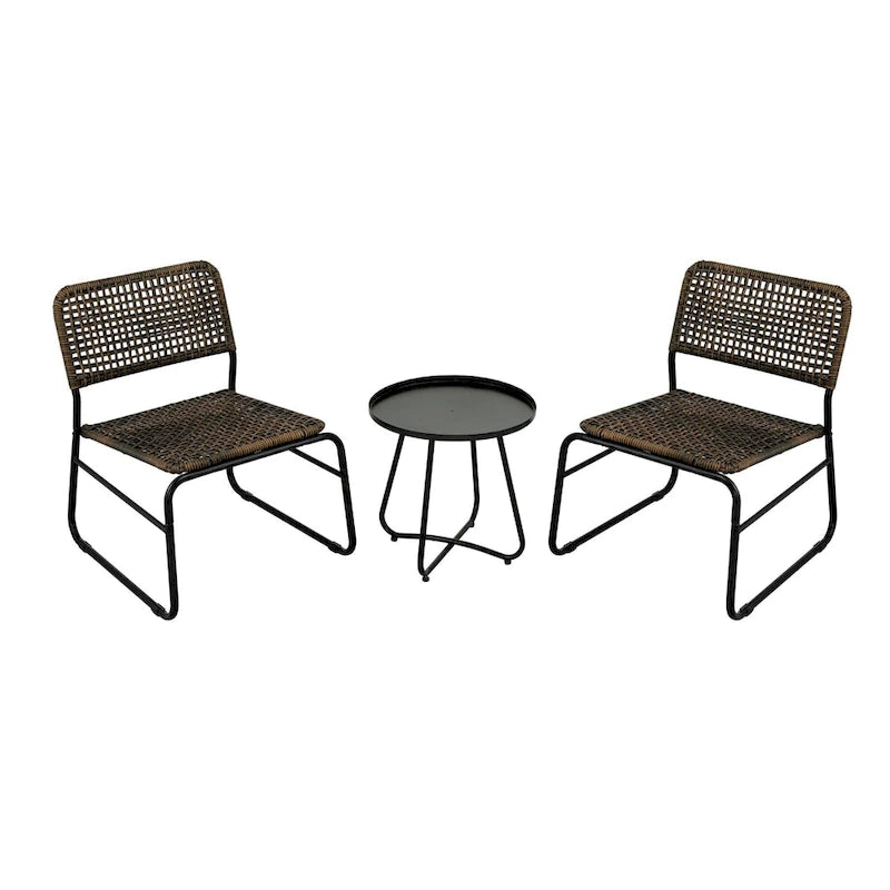 GDFStudio - Outdoor Kyle 3-Piece PE Rattan Patio Furniture Set with Modern Round Table and Steel Frame