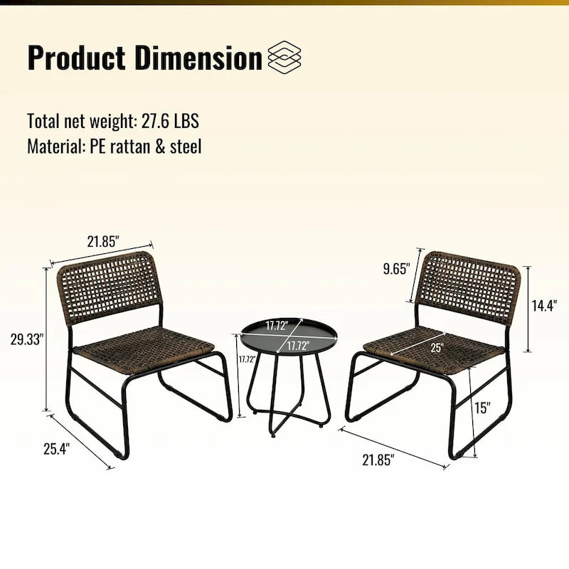 GDFStudio - Outdoor Kyle 3-Piece PE Rattan Patio Furniture Set with Modern Round Table and Steel Frame