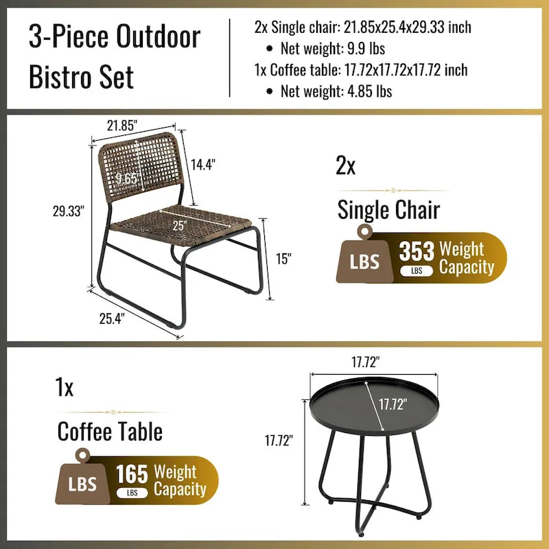 GDFStudio - Outdoor Kyle 3-Piece PE Rattan Patio Furniture Set with Modern Round Table and Steel Frame