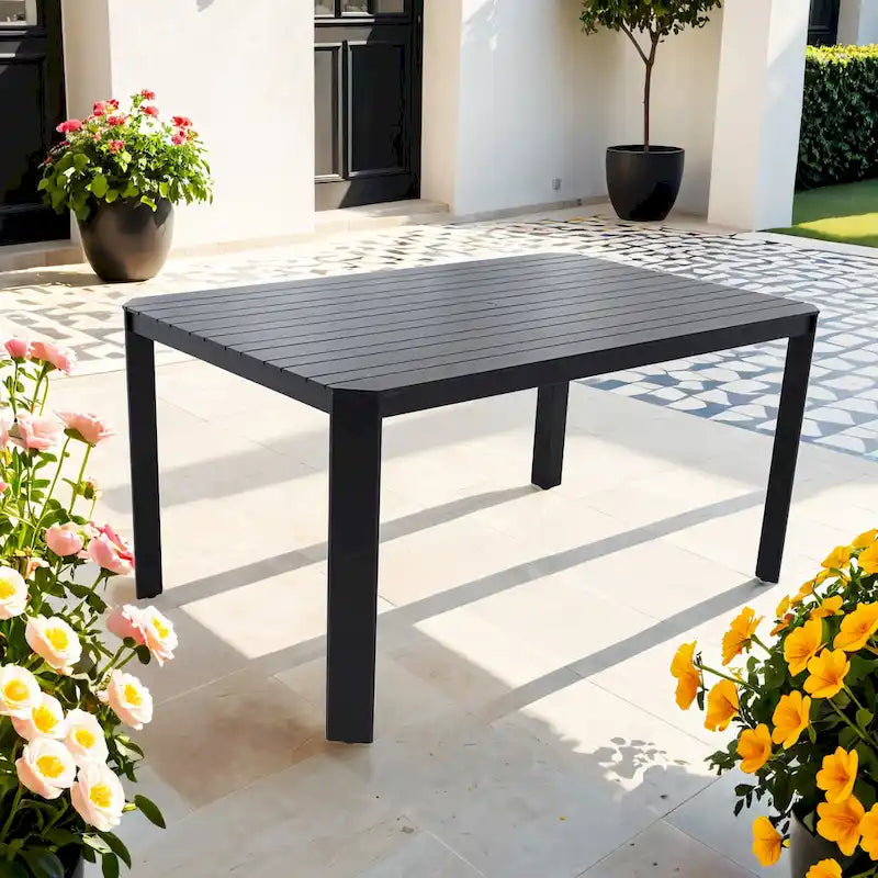 GDFStudio -Sharon Modern Outdoor Aluminum Table with Slats, Angled Corners, Umbrella Hole, and Adjustable Non-Slip Pads