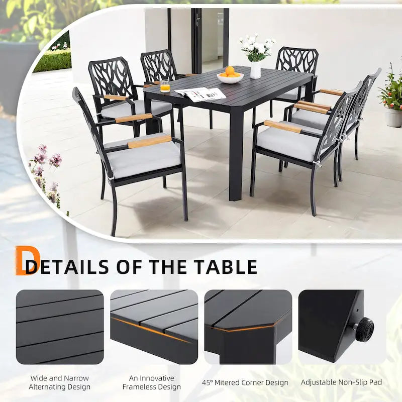 GDFStudio -Sharon Modern Outdoor Aluminum Table with Slats, Angled Corners, Umbrella Hole, and Adjustable Non-Slip Pads