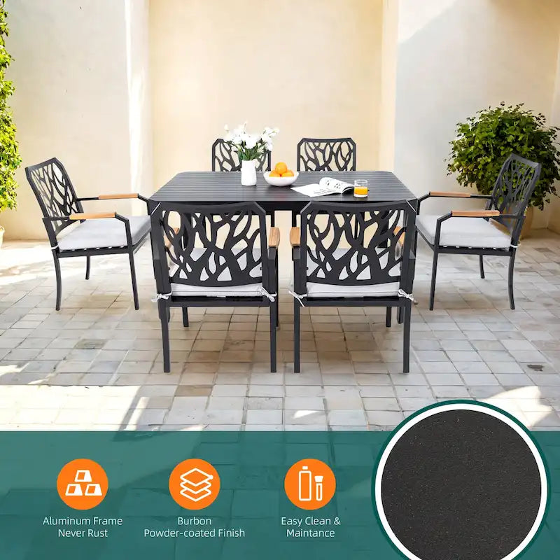 GDFStudio -Sharon Modern Outdoor Aluminum Table with Slats, Angled Corners, Umbrella Hole, and Adjustable Non-Slip Pads