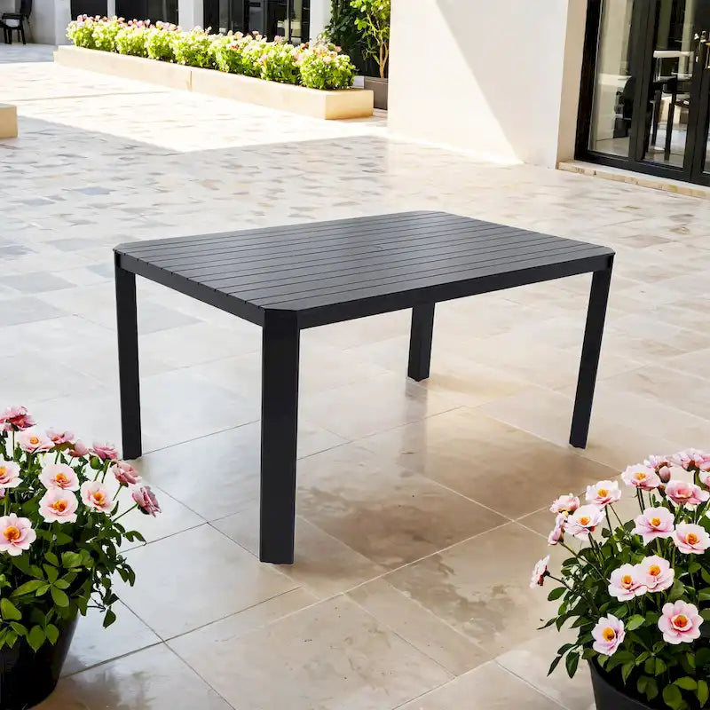 GDFStudio -Sharon Modern Outdoor Aluminum Table with Slats, Angled Corners, Umbrella Hole, and Adjustable Non-Slip Pads