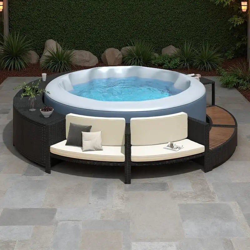 Outdoor Patio Rattan Spa Surround Frame Sofa Set with Storage Spaces, Bench and Cushions