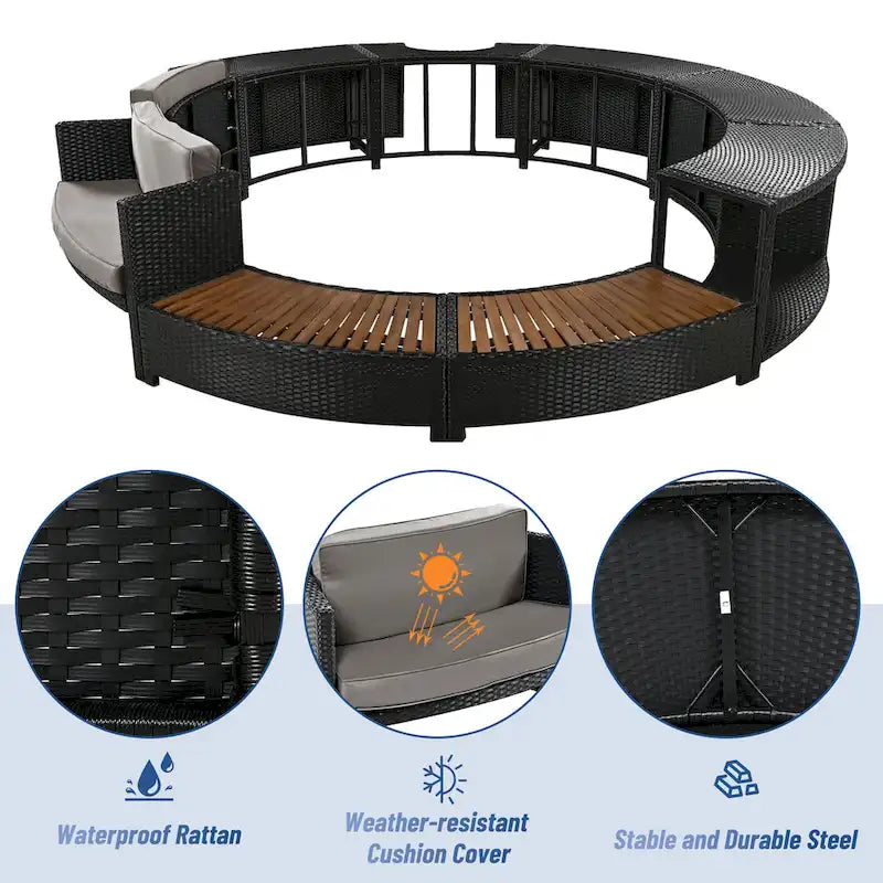 Outdoor Patio Rattan Spa Surround Frame Sofa Set with Storage Spaces, Bench and Cushions