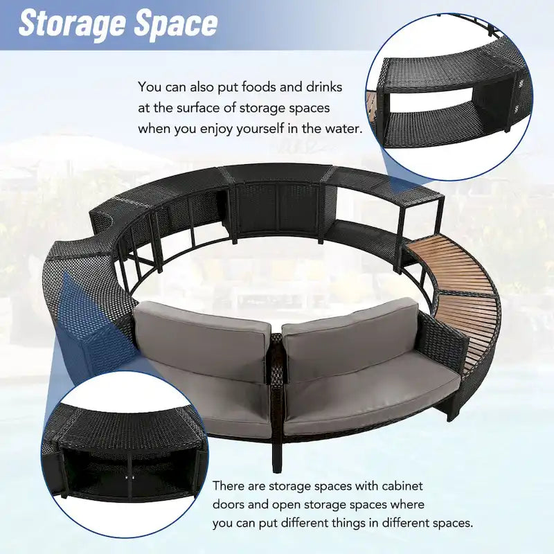 Outdoor Patio Rattan Spa Surround Frame Sofa Set with Storage Spaces, Bench and Cushions