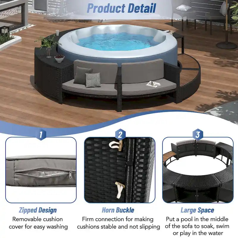 Outdoor Patio Rattan Spa Surround Frame Sofa Set with Storage Spaces, Bench and Cushions