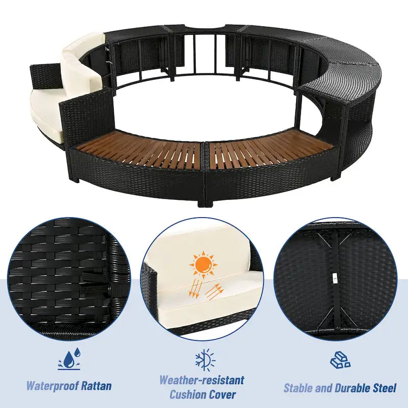 Outdoor Patio Rattan Spa Surround Frame Sofa Set with Storage Spaces, Bench and Cushions