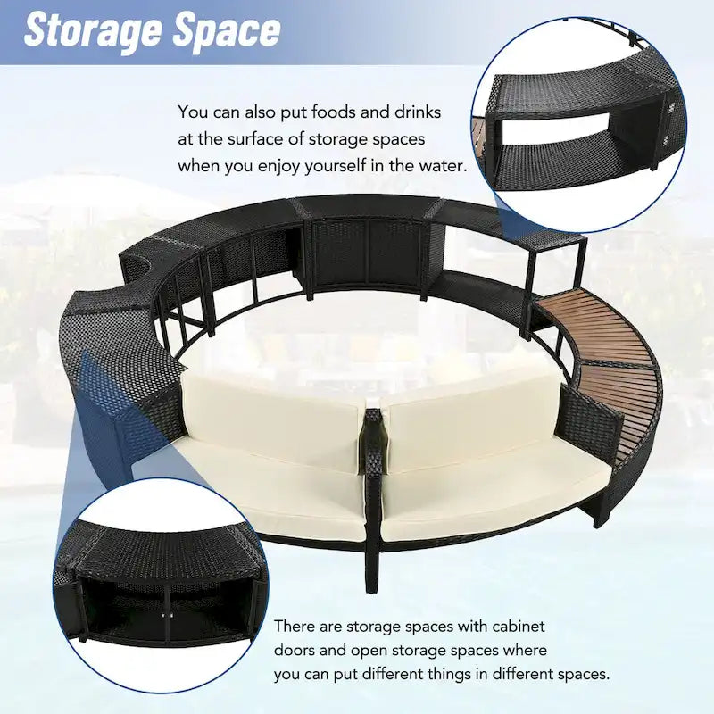 Outdoor Patio Rattan Spa Surround Frame Sofa Set with Storage Spaces, Bench and Cushions