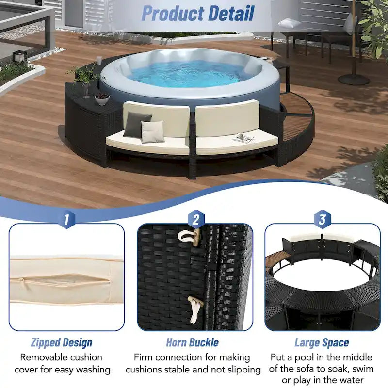 Outdoor Patio Rattan Spa Surround Frame Sofa Set with Storage Spaces, Bench and Cushions