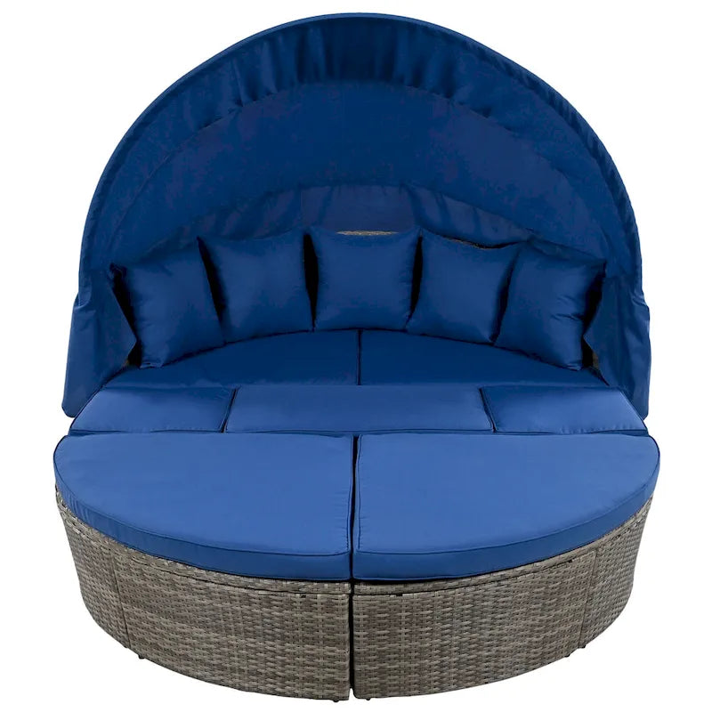 Outdoor Rattan Round Daybed with Retractable Canopy & Washable Cushions
