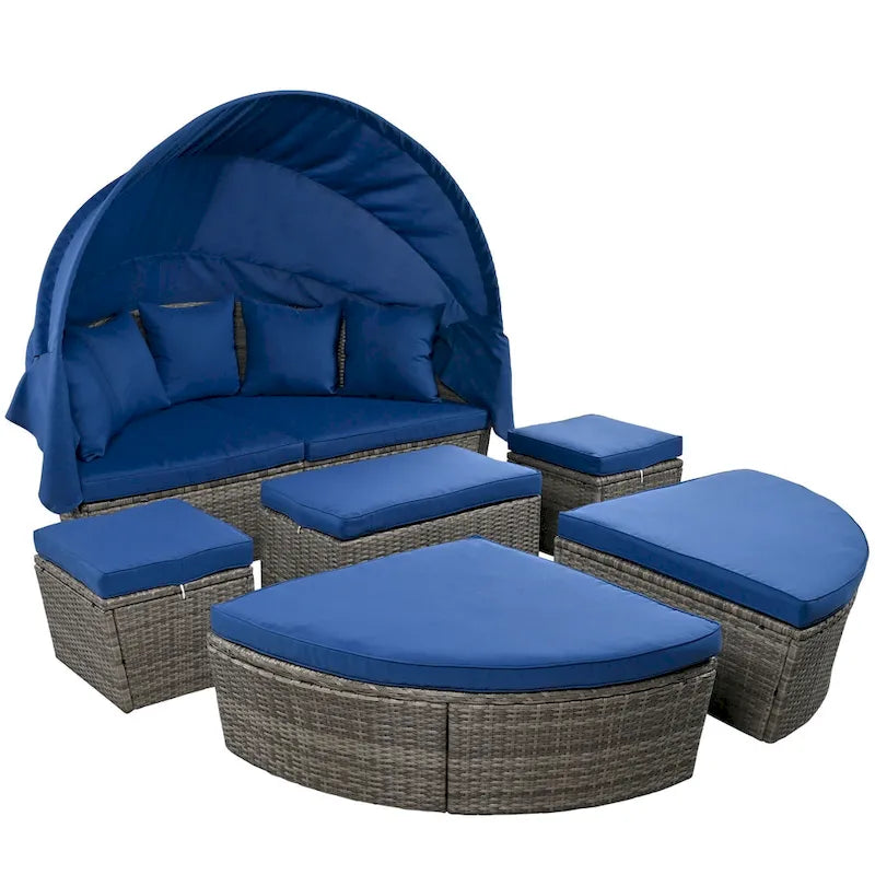 Outdoor Rattan Round Daybed with Retractable Canopy & Washable Cushions