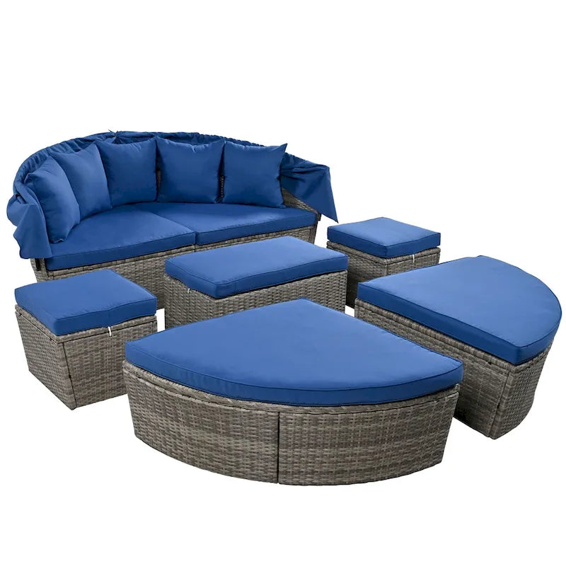 Outdoor Rattan Round Daybed with Retractable Canopy & Washable Cushions