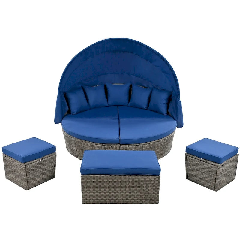 Outdoor Rattan Round Daybed with Retractable Canopy & Washable Cushions