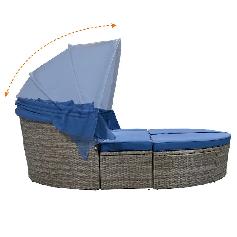 Outdoor Rattan Round Daybed with Retractable Canopy & Washable Cushions