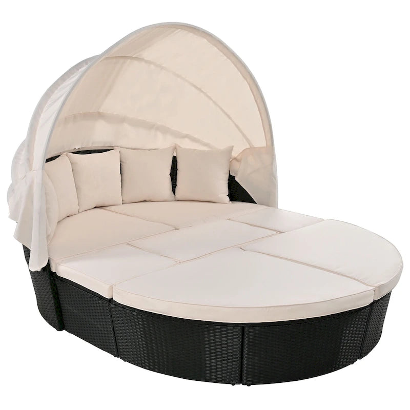 Outdoor Rattan Round Daybed with Retractable Canopy & Washable Cushions