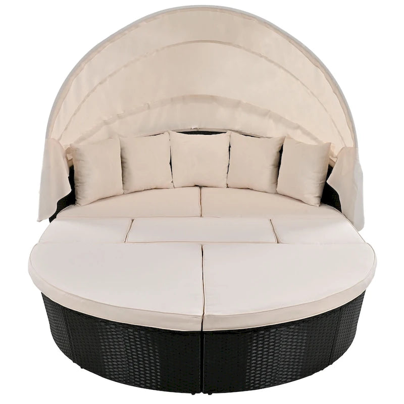 Outdoor Rattan Round Daybed with Retractable Canopy & Washable Cushions
