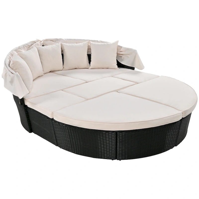 Outdoor Rattan Round Daybed with Retractable Canopy & Washable Cushions