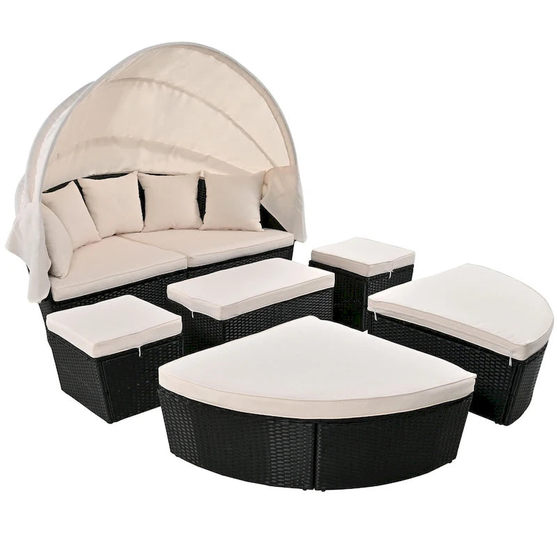 Outdoor Rattan Round Daybed with Retractable Canopy & Washable Cushions