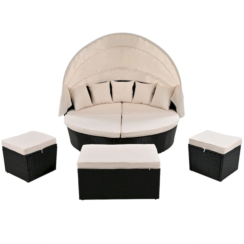 Outdoor Rattan Round Daybed with Retractable Canopy & Washable Cushions
