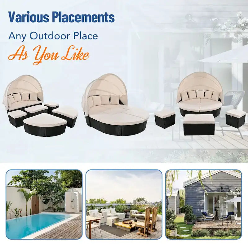 Outdoor Rattan Round Daybed with Retractable Canopy & Washable Cushions