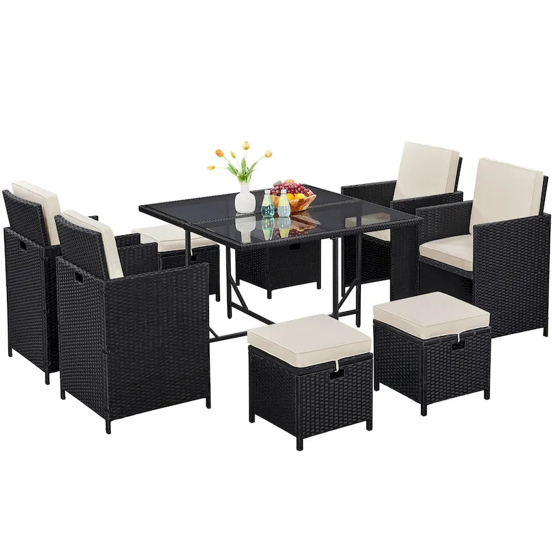 Yaheetech 9-Piece Patio Dining Set with Glass Table & Ottomans for Lawn, Backyard, Black/Beige