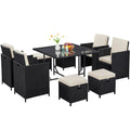 Yaheetech 9-Piece Patio Dining Set with Glass Table & Ottomans for Lawn, Backyard, Black/Beige