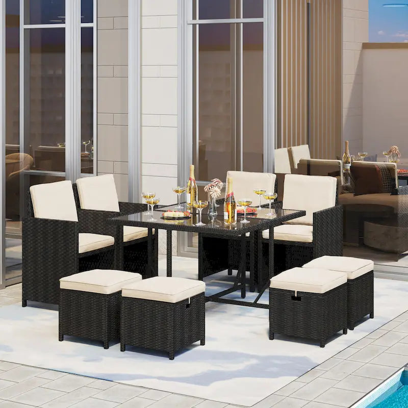 Yaheetech 9-Piece Patio Dining Set with Glass Table & Ottomans for Lawn, Backyard, Black/Beige