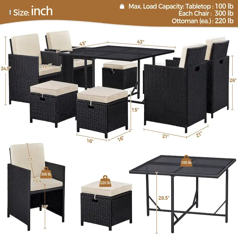 Yaheetech 9-Piece Patio Dining Set with Glass Table & Ottomans for Lawn, Backyard, Black/Beige