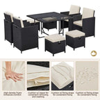 Yaheetech 9-Piece Patio Dining Set with Glass Table & Ottomans for Lawn, Backyard, Black/Beige
