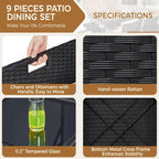 Yaheetech 9-Piece Patio Dining Set with Glass Table & Ottomans for Lawn, Backyard, Black/Beige
