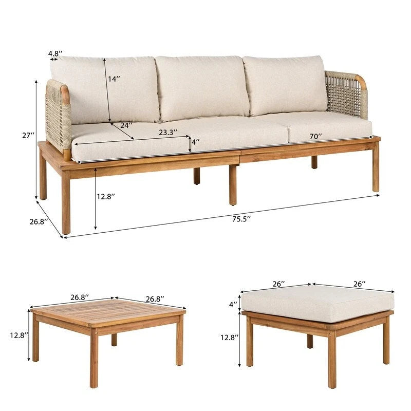 Outdoor 3-piece Acacia Wood and Rope Patio Sofa Set - 75.5 W x 26.75 D x 27.00