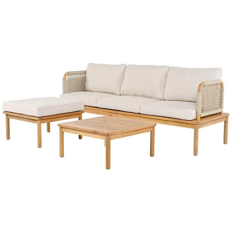 Outdoor 3-piece Acacia Wood and Rope Patio Sofa Set - 75.5 W x 26.75 D x 27.00