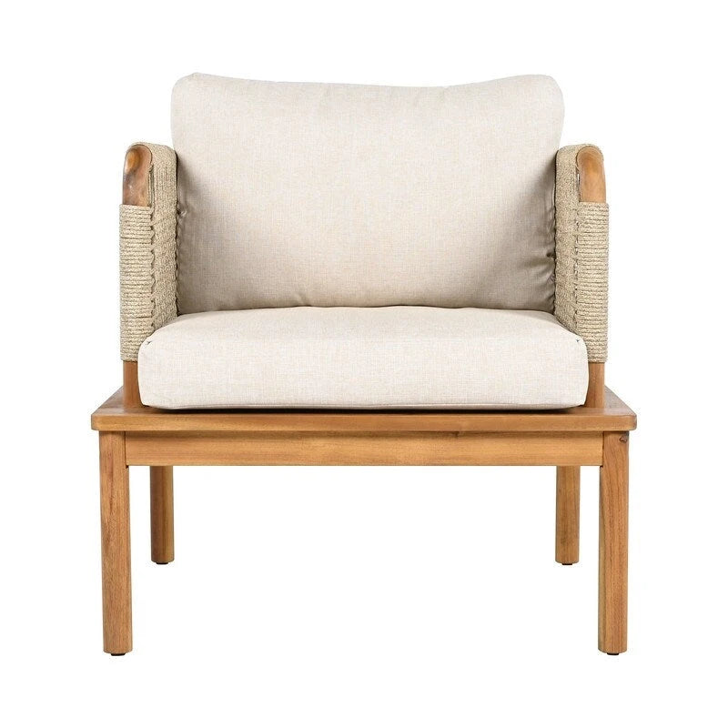 Outdoor Acacia Wood and Rope Club Chair with Cushions (Single) - 26.75in. W X28.75in.DX27.00in. H