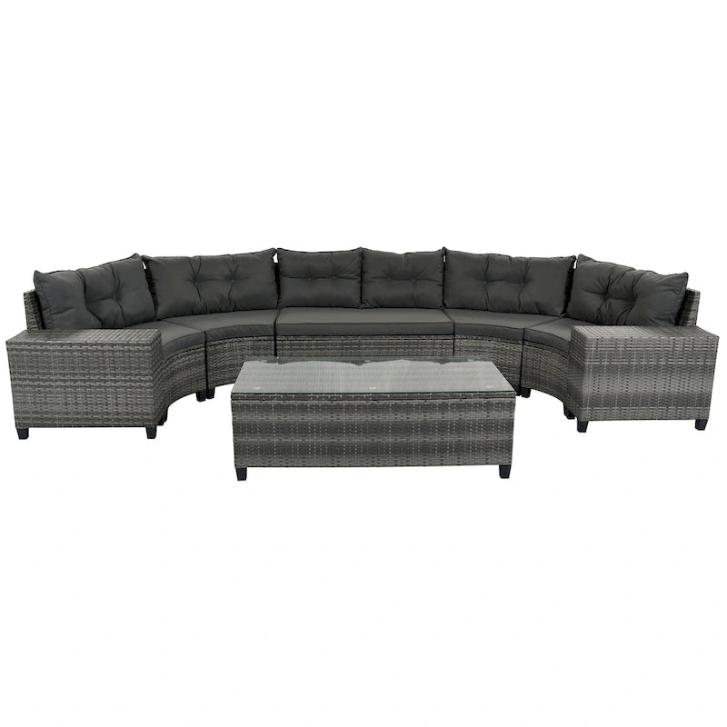 8-Pieces All Weather Wicker Half-Moon Sectional Sets with Rectangular Coffee Table
