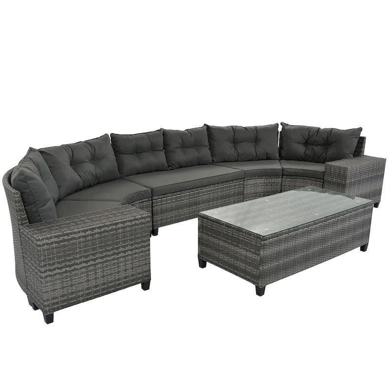 8-Pieces All Weather Wicker Half-Moon Sectional Sets with Rectangular Coffee Table