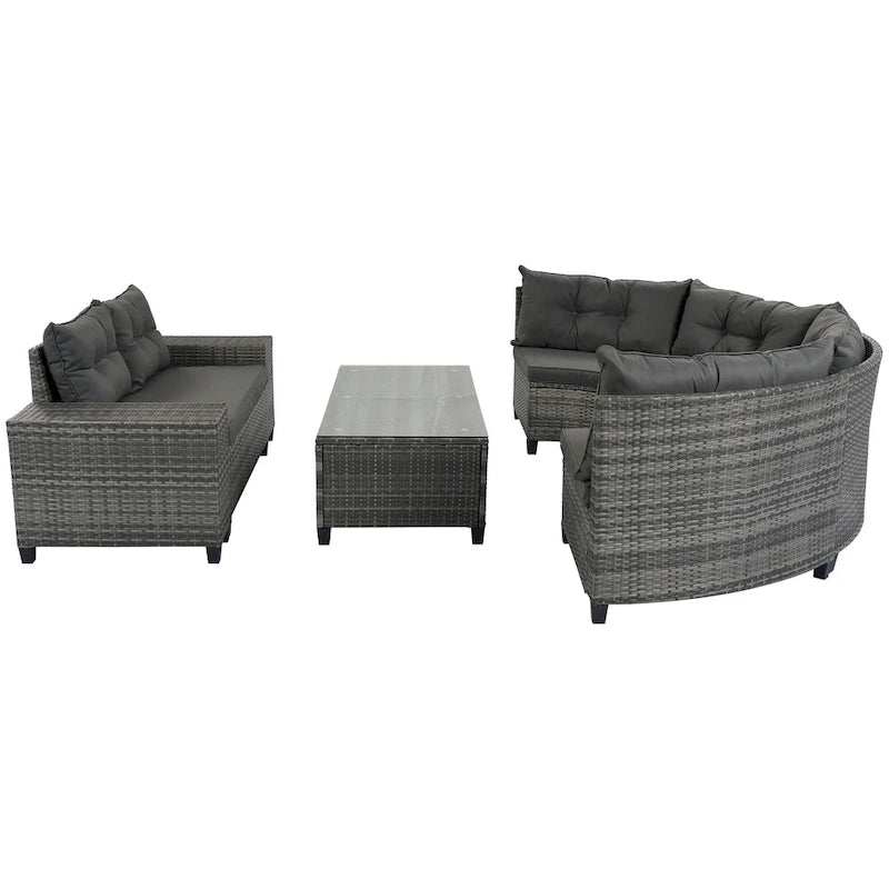 8-Pieces All Weather Wicker Half-Moon Sectional Sets with Rectangular Coffee Table