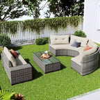 8-Pieces All Weather Wicker Half-Moon Sectional Sets with Rectangular Coffee Table
