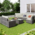 8-Pieces All Weather Wicker Half-Moon Sectional Sets with Rectangular Coffee Table