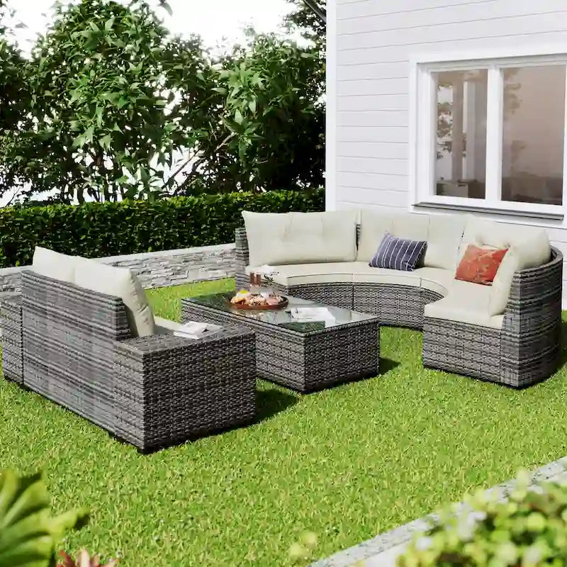 8-Pieces All Weather Wicker Half-Moon Sectional Sets with Rectangular Coffee Table