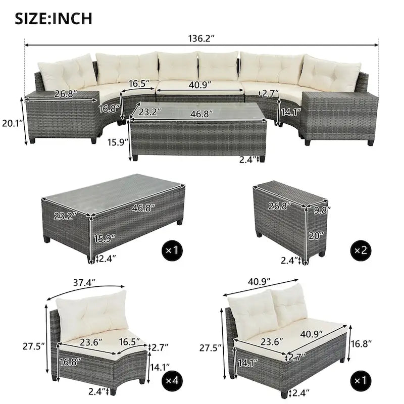 8-Pieces All Weather Wicker Half-Moon Sectional Sets with Rectangular Coffee Table