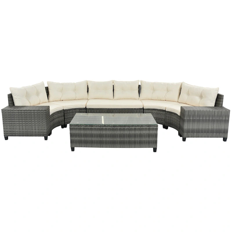 8-Pieces All Weather Wicker Half-Moon Sectional Sets with Rectangular Coffee Table