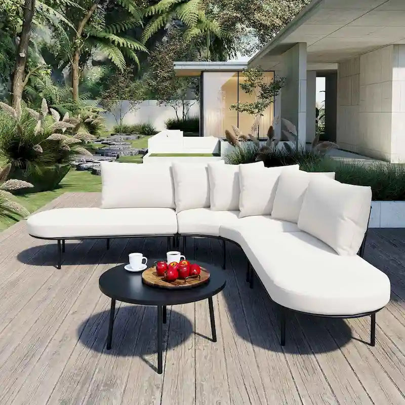 Curved Outdoor Patio Sofa Set with Cushions and Coffee Table