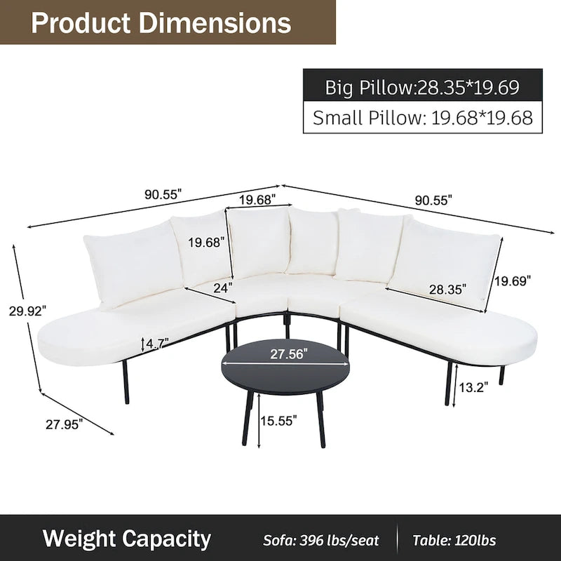 Curved Outdoor Patio Sofa Set with Cushions and Coffee Table