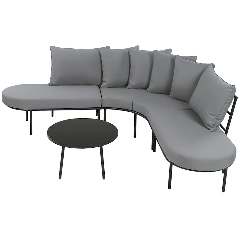Curved Outdoor Patio Sofa Set with Cushions and Coffee Table