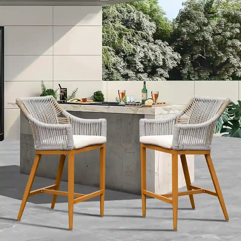 Set of 2 Outdoor Bar Stools with Cushioned Seat and Back, Aluminum Counter Height Bar Chairs with Armrests, for Patio, Pool