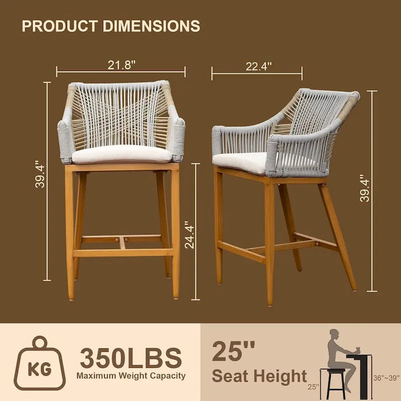 Set of 2 Outdoor Bar Stools with Cushioned Seat and Back, Aluminum Counter Height Bar Chairs with Armrests, for Patio, Pool